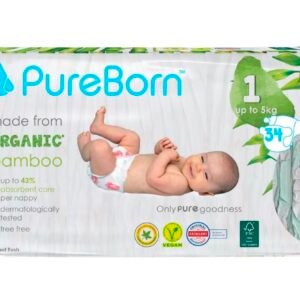 PureBorn Organic Bamboo Diaper,NB (1-3kg) 34 count